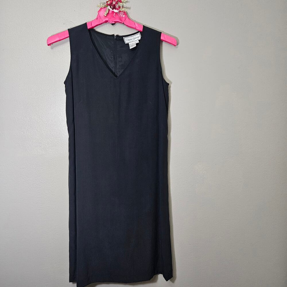 Vintage 100% Silk Diane Gilman Little Black Dress V-Neck Shift Knee Length Small